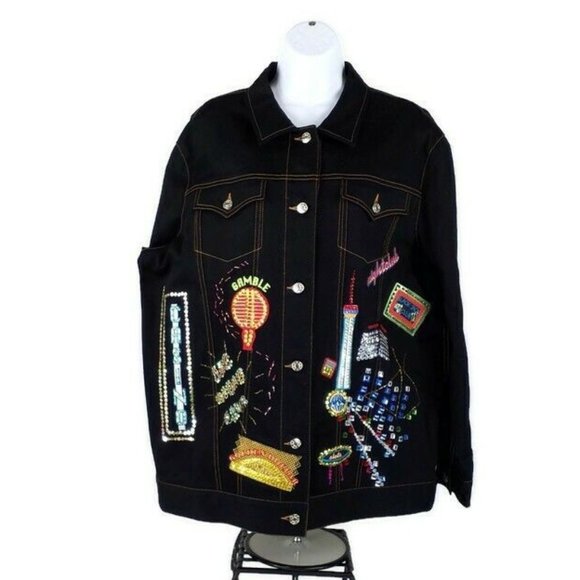 Diane's Essentials Black Long Sleeve Denim Vegas Casino Jacket Womens 1X NWOT